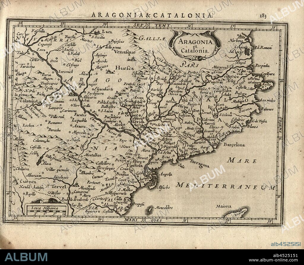 Aragonia et Catalonia, Map of the Region of Aragon and Catalonia in Spain, Fig. 41, p. 183, Gerhard Mercator, Jodocus Hondius, Jansson: Atlas minor Gerardi Mercatoris. Amsterodami: ex officina Ioannis Ianssonii, MDCXXXIIII [1634].