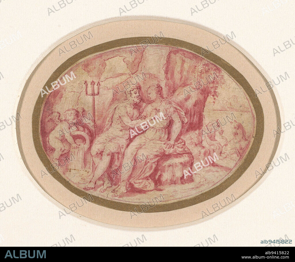 Neptune, as the river Enipeus, seduces Iphimedeia, the wife of Aloeus. Design for a print, Neptune seduces Iphimedeia, draughtsman: François Chauveau, 1623 - 1676, paper, brush, pen, h 63 mm × w 85 mm.