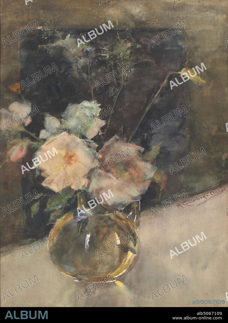watercolor, Menso Kamerlingh Onnes, 1895 ?, Signature front, right, middle: M. Kamerlingh Onnes, watercolor, paper, painted, General (dimensions according to catalog 1983): 62.8 x 42.8cm (628 x 428mm), With frame: 92 × 75.5 × 3.5cm (920 × 755 × 35mm), still life, flower, watercolor depicting a still life with a round glass vase containing red and white flowers. The vase is placed on a light background, which slopes backwards against the background. The background is dark. Signed on the right along the edge of the background. Watercolor is in a gilded wooden frame and is behind glass, 1956.