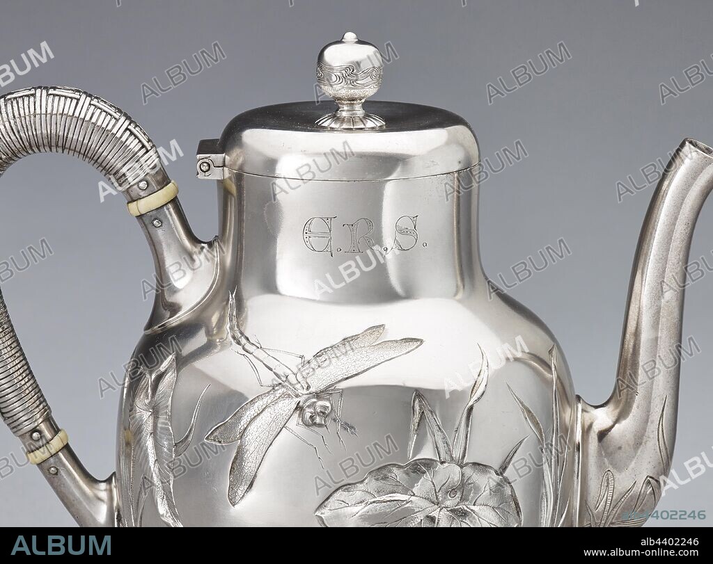 coffee pot, Dominick & Haff, Manufacturer (American), Giles Brothers and Company, Retailer (American), 1881, silver, ivory, 7 x 8-1/2 x 5-1/4 in., Inscribed, side, near lid: E.R.S. Stamped, underside: 116 Stamped, underside: STERLING Stamped, underside: GILES BROS & CO. Stamped, underside: 925 [in a rectangle] [outline of a circle] 1, 8, 8, 1 [in a square turned on a 45-degree angle], Decorative Arts.