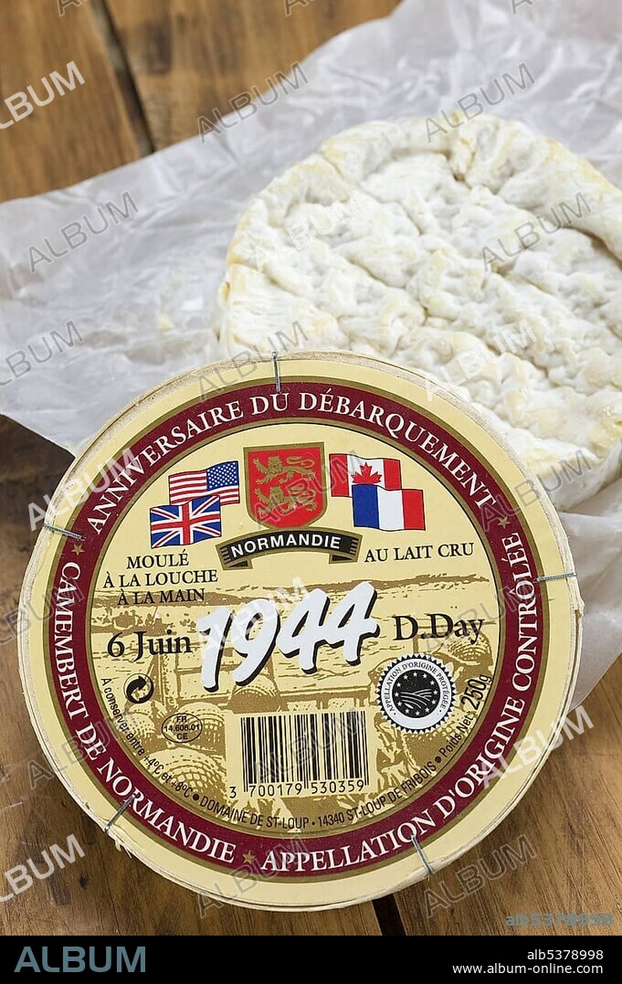 French Camembert cheese, raw milk cheese from Normandy, packaging in memory of the D-Day landings during World War II in Normandy, France, Europe