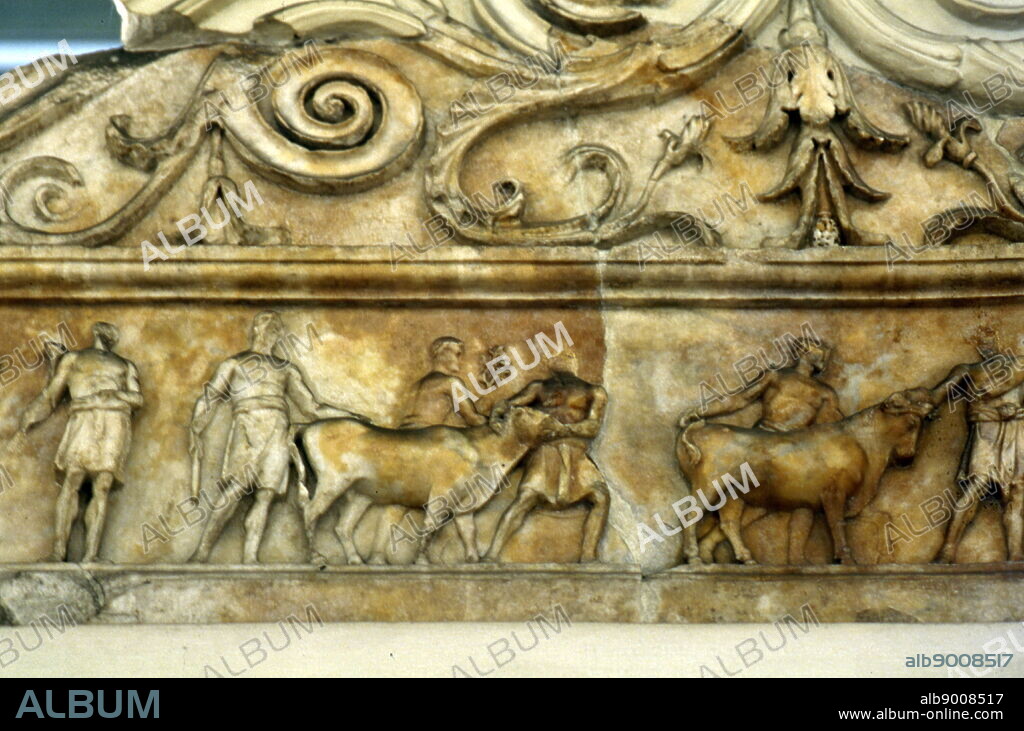 Sacrifice scene depicted in the Ara Pacis Augustae (Altar of Augustan Peace) commonly shortened to Ara Pacis, in Rome dedicated to Pax, the Roman goddess of Peace. The monument was commissioned by the Roman Senate on July 4, 13 BC to honor the return of Augustus to Rome after three years in Hispania and Gaul and consecrated on January 30, 9 BC. Originally located on the northern outskirts of Rome.