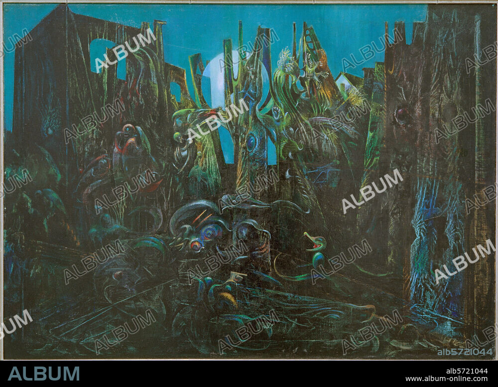 MAX ERNST. Ernst, Max; peintre, dessinateur et plasticien allemand Brühl 2.4.1891 - Paris 1.4.1976. "La nuit rhénane", 1944. Huile sur toile, H. 1,10; L. 1,50. Coll. particulière.