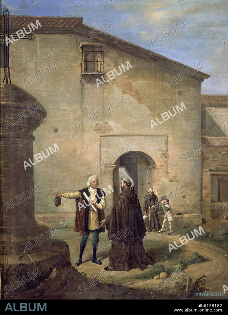 ANTONIO CABRAL BEJARANO (1788-1861). The Franciscan friars of the Convento of Santa Maria de la Rabida give bread and water to Christopher Columbus and his son Diego - 19th century- 1858 - oil on canvas.