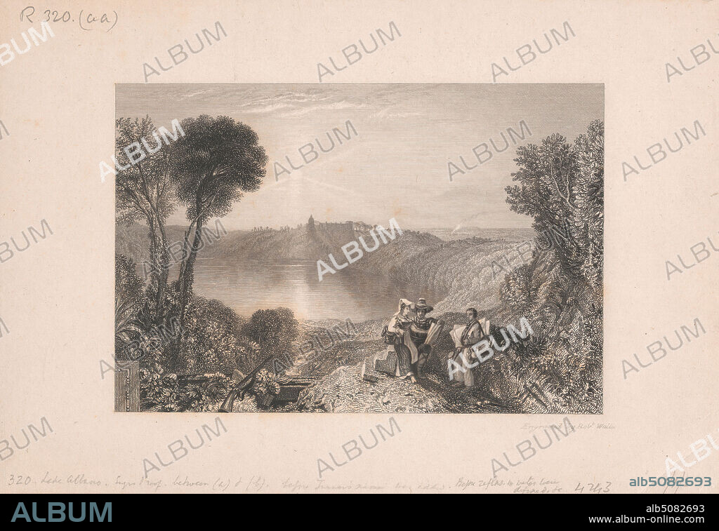 Lake of Albano, Robert Wallis, 17941878, British, after Joseph Mallord William Turner, 17751851, British, 1828, Line engraving, engraver's proof on moderately thick slightly textured, cream, wove paper, with cream, chine colle, Sheet: 5 1/2 × 7 15/16 inches (14 × 20.2 cm) and Image: 3 5/8 × 5 5/16 inches (9.2 × 13.5 cm).