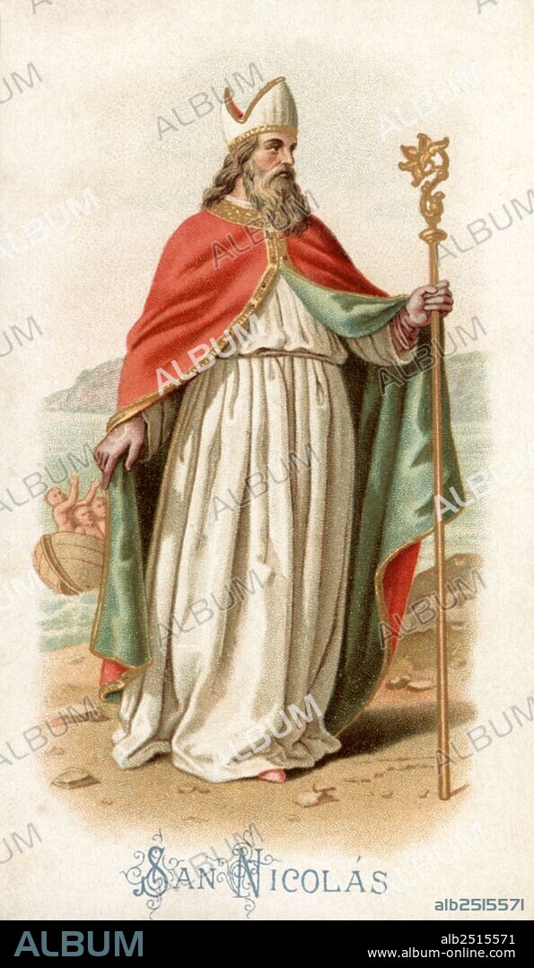 San Nicolás de Bari (270-345), obispo venerado por católicos, ortodoxos y anglicanos. Grabado de 1900.