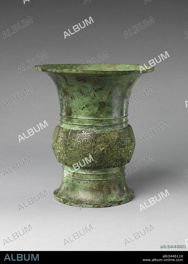 ? ???, Wine Vase (Zun), Shang dynasty (ca. 1600–1046 B.C.), 13th century BC, China, Bronze, H. 8 1/2 in. (21.6 cm); Diam. 7 5/8 in. (19.4 cm); Diam. of rim 7 5/8 in. (19.4 cm); Diam. of foot 5 1/4 in. (13.3 cm), Metalwork.