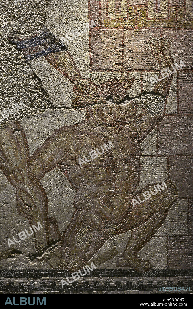 Teseo y el Minotauro. Panel de mosaico romano. Siglos III-IV d.C. Detalle. Procedente de la Villa Lusitano-Romana de Torre de Palma, Monforte, distrito de Portalegre, Portugal. Museo Nacional de Arqueología. Lisboa. Portugal.
