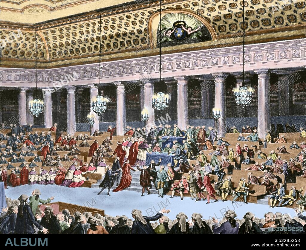 REVOLUCION FRANCESA (1789-1799). ASAMBLEA NACIONAL EN LOS DIAS 4 Y 5 DE AGOSTO DE 1789. Grabado de la época. Coloreado.