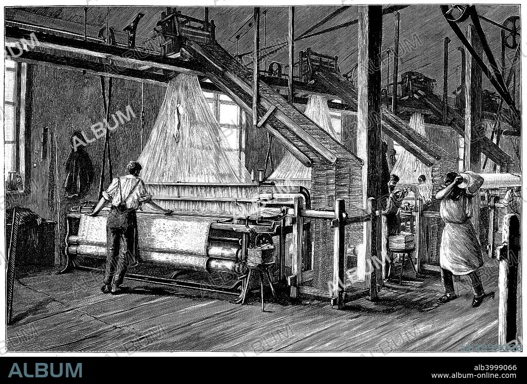 Weaving shed fitted with Jacquard power looms, c1880. French silk-weaver and inventor Joseph Marie Jacquard invented a loom which used a punched card system to weave complicated patterns in textiles. Swags of punched cards carrying the pattern being woven are at right and above each loom.  Illustration published in Paris, c1880.