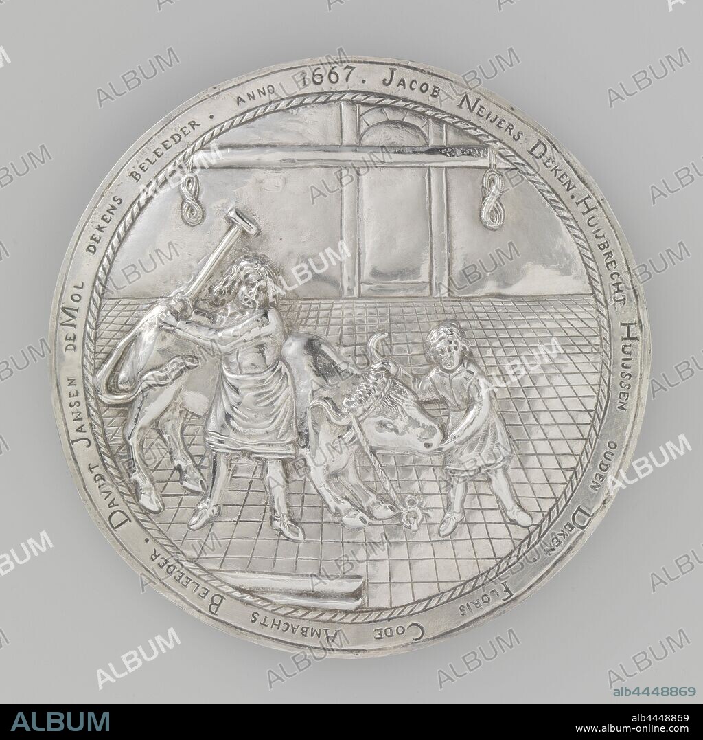 Gildeschild van driven silver, Round shield of driven silver, from a butcher's guild. With a representation of an ox tied to a ring, held by a boy, while the slaughterer kills, Middelburg, anonymous, 1667, silver (metal), d 17.7 cm.