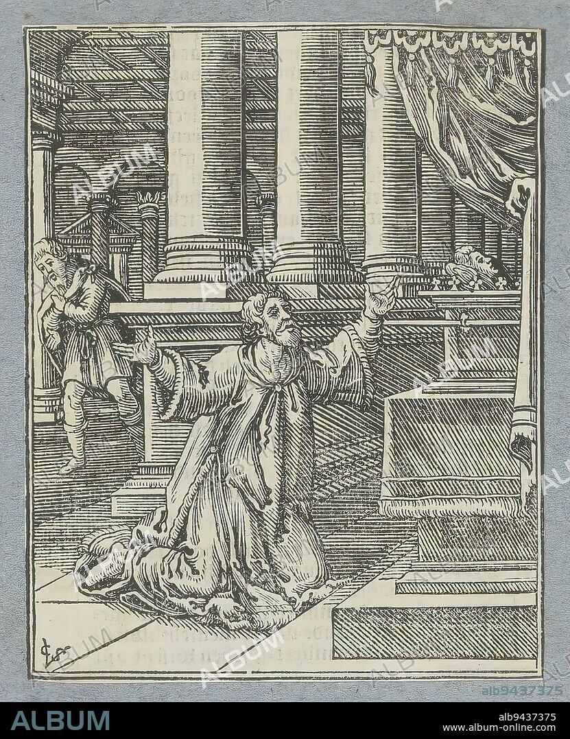 David's repentance and punishment, David kneels full of remorse and sorrow before the coffin containing his firstborn son, whom God the Father has sent to die as punishment. The print is part of an album., print maker: Christoffel van Sichem (II), (mentioned on object), print maker: Christoffel van Sichem (III), (mentioned on object), publisher: Pieter Jacobsz. Paets, Amsterdam, 1645 - 1646, paper, letterpress printing, height 111 mm × width 87 mm.