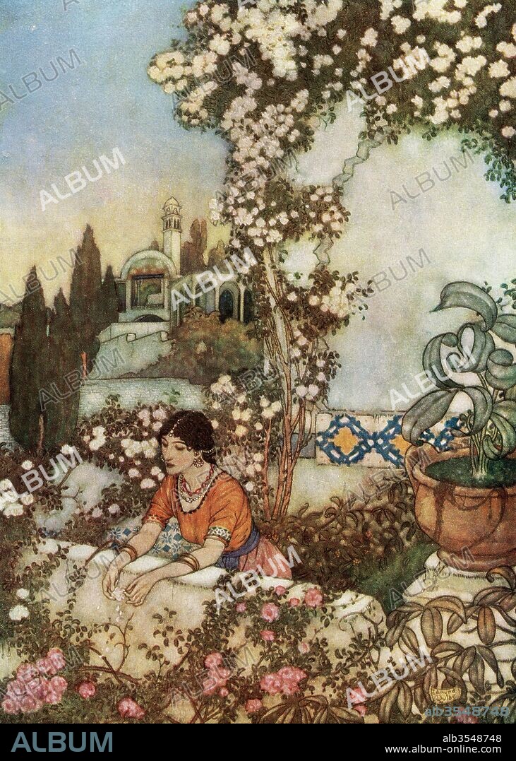 Look to the blowing Rose about us - "Lo, Laughing," she says, "into the world I blow: At once the silken tassel of my Purse Tear, and its Treasure on the Garden throw. Illustration by Edmund Dulac from the Rubaiyat of Omar Khayyam, published 1909.