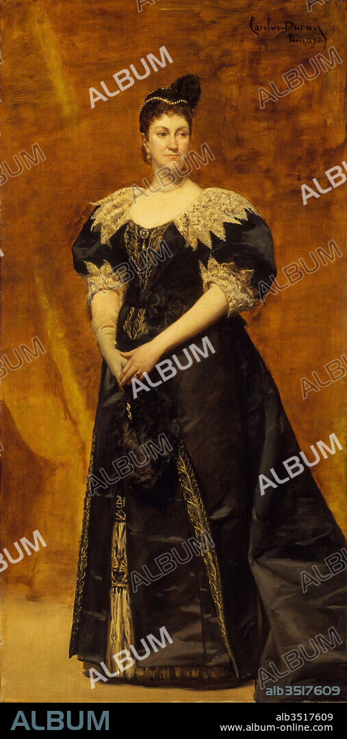 Mrs. William Astor (Caroline Webster Schermerhorn, 1831–1908), 1890, Oil on canvas, 83 1/2 x 42 1/4 in. (212.1 x 107.3 cm), Paintings, Carolus-Duran (Charles-Auguste-Émile Durant) (French, Lille 1837–1917 Paris), Carolus-Duran was at the peak of his success as a society portraitist when he painted this likeness of the American banker's wife in Paris in 1890. The pose and the costume, with their strong suggestions of the seventeenth century, reflect the artist's early and continued admiration for Velázquez.