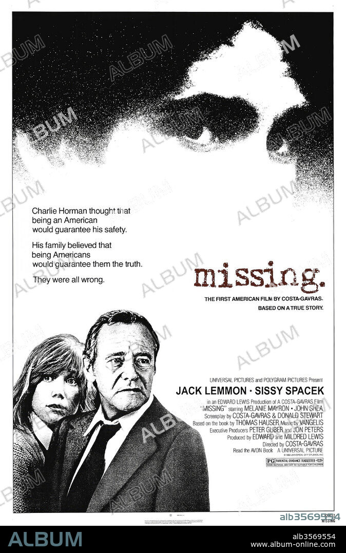 Plakat zu MISSING, 1982, unter der Regie von CONSTANTIN COSTA-GAVRAS. Copyright POLYGRAM/UNIVERSAL.