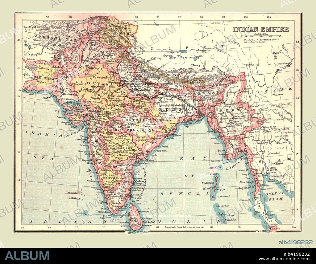Map of the Indian Empire, 1902. Showing the Indian subcontinent during the period of the British Raj (rule by the British Crown). From The Century Atlas of the World. [John Walker & Co, Ltd., London, 1902].