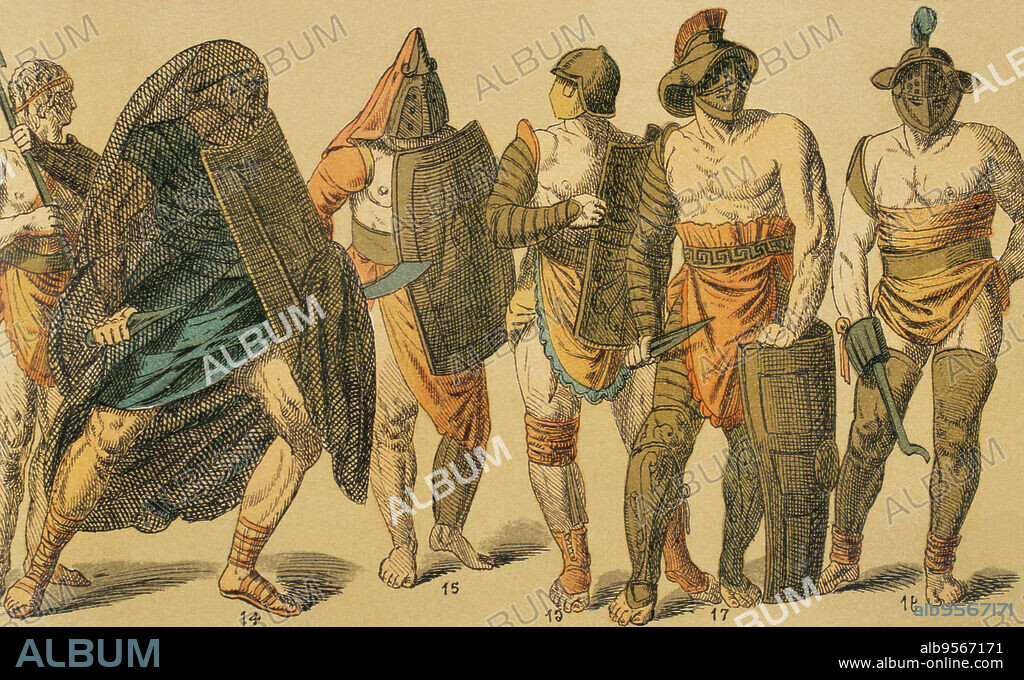 Imperio Romano. Gladiadores. De izquierda a derecha: 13- gladiador armado con tridente, 14- gladiador con escudo y red, 15- gladiador con guadaña, yelmo y escudo, 16- gladiador con yelmo y escudo, 17- gladiador con yelmo, escudo y puñal, 18- gladiador. Cromolitografía. Historia Universal, por César Cantú. Tomo II, 1881.