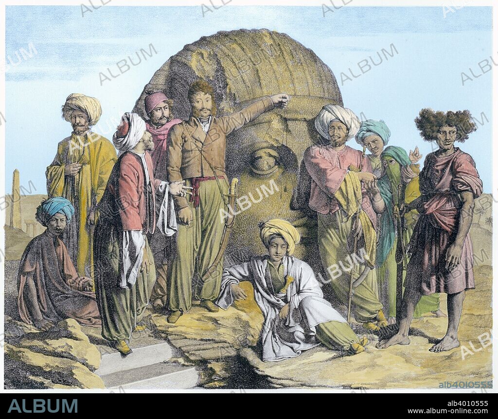 Bernardino Drovetti measuring a colossal head in the Egyptian desert, 1819. Drovetti (1776-1852) and his followers using a plumb line to measure the head. He was an Italian-born French diplomat posted to Egypt early in the 19th century when Europeans were becoming fascinated by the antiquities of Ancient Egypt and bringing them to Europe. From Voyage dans le Levant by the Comte de Forbin.