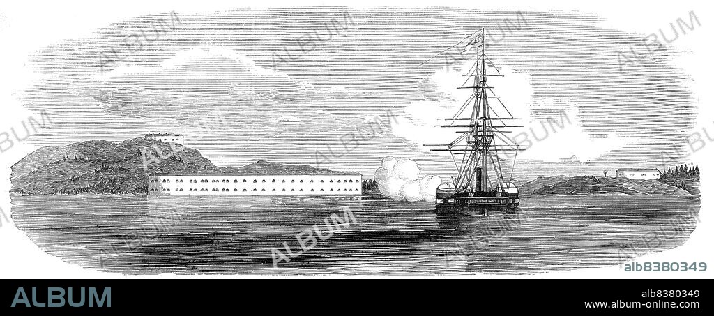 Bombardment of Bomarsund, 1854. '2nd Round Fort - Long Fort, 80 Guns - "Odin" - 3rd Round Fort'. British warships during the Aland War - British-French naval force against military and civilian facilities on the coast of the Grand Duchy of Finland during the Crimean War. 'At 1 p.m. beat to quarters, and cleared for action ; the men remaining at their guns, ready to clear the woods, if riflemen should he concealed. At 4.45. the ship's company having had supper, they were again called to their quarters. One unfortunate occurrence took place o a man belonging to the Odin fell overboard; and, though the ship was going slowly, and every exertion made to save him, they were ineffectual, and the poor fellow met with a watery grave...Hecla and Odin have returned to the fleet. The loss on board our ships was very slight: Hecla, one wounded (slightly); Valorous, none; Odin, two wounded (not seriously)'. From "Illustrated London News", 1854.