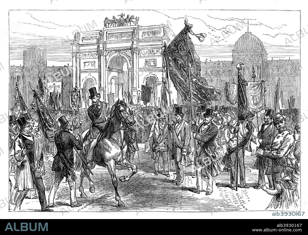 Demonstration of the Paris Freemasons, France, 1870 (late 19th century). 10,000 members of the masonic lodges of Paris preparing to march to the Hotel de Ville and throw in their lot with the Paris Commune. From Cassell's Illustrated History of England, Vol IX.