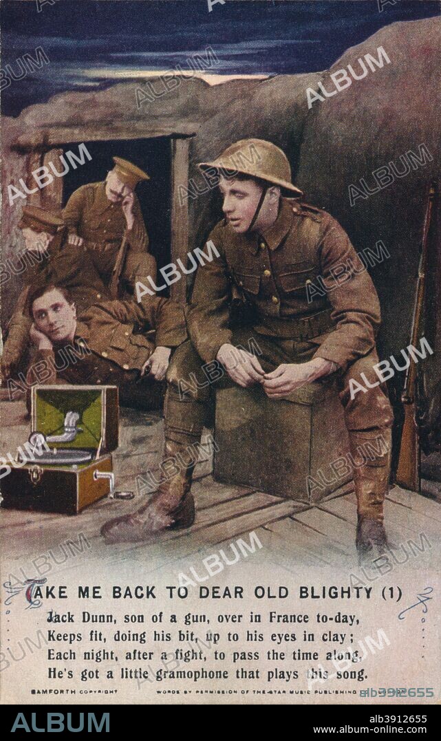 'Take Me Back To Dear Old Blighty (1)', c1916. Take Me Back to Dear Old Blighty is a music hall song written by Arthur J. Mills, Fred Godfrey (1880-1953) and Bennett Scott (1875-1930) in 1916. It was popular during the First World War and tells a story of three fictional soldiers on the Western Front suffering from homesickness and their longing to return to Blighty. [Bamforth & Co., Ltd, Holmfirth, England and New York, c1916].