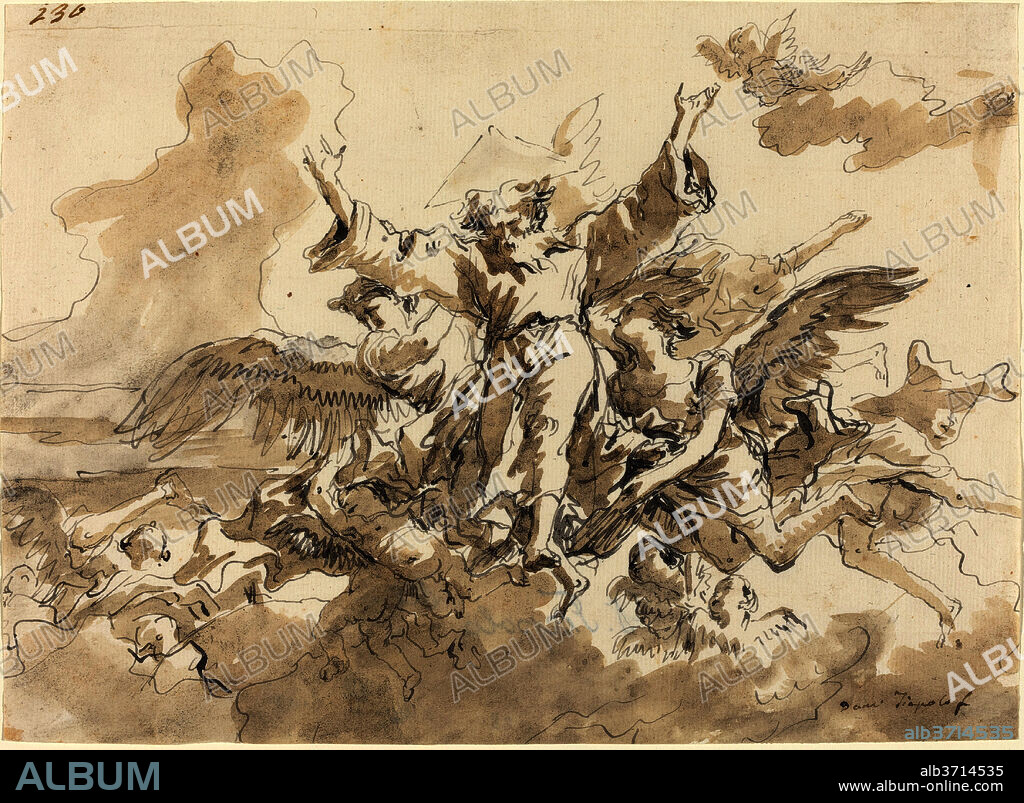 GIOVANNI DOMENICO TIEPOLO. Creation of the Universe. Dimensions: overall: 17.3 x 23.8 cm (6 13/16 x 9 3/8 in.). Medium: pen and gray ink with brown wash on laid paper.