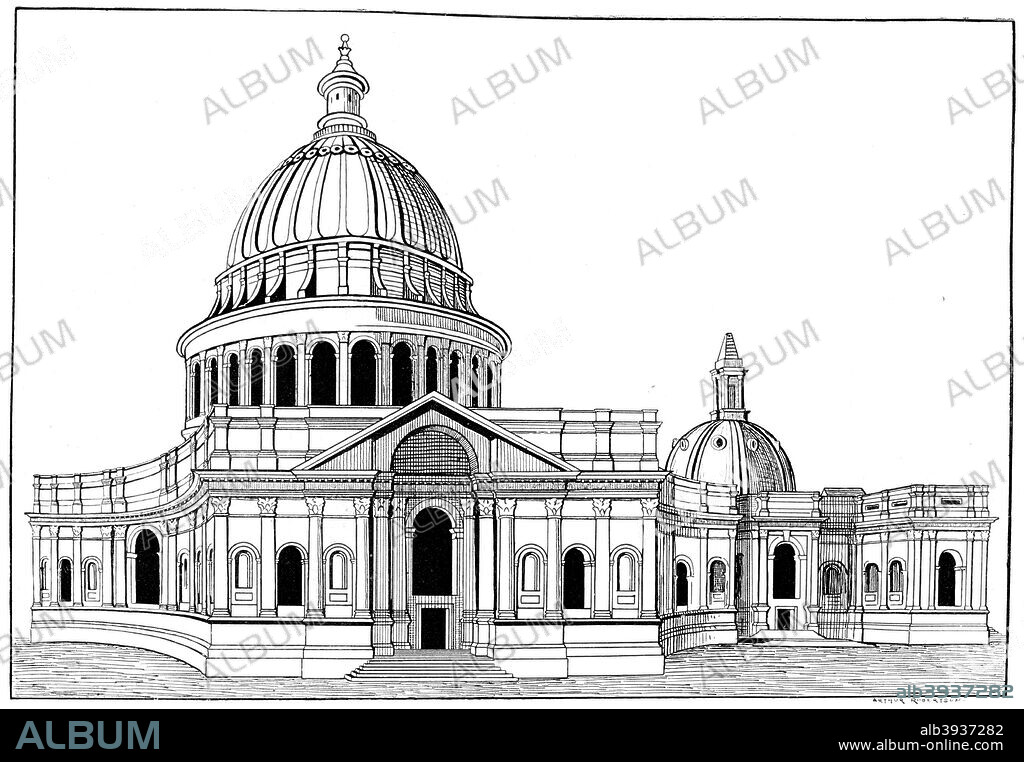 Sir Christopher Wren's original model for St Paul's cathedral, London, c1670-1672 (1893). Wren was commissioned to design the replacement for the cathedral destroyed in the Great Fire of London. Construction began in 1677 and was completed on Wren's 76th birthday, 20th October 1708. An illustration from A Short History of the English People, by J R Green, illustrated edition, Volume III, Macmillan and Co, London, New York, 1893.