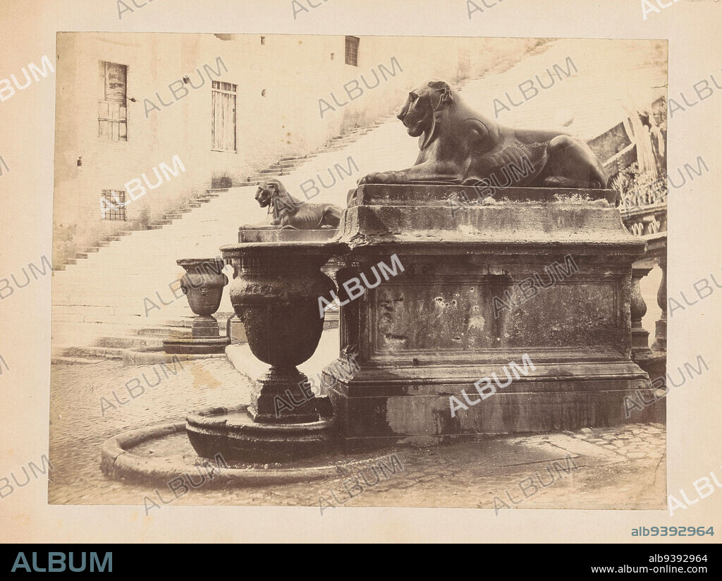 Lion statues on the stairs to the Piazza del Campidoglio in Rome, A. de Bonis, Rome, c. 1855 - c. 1860, photographic support, albumen print, height 192 mm × width 250 mm.