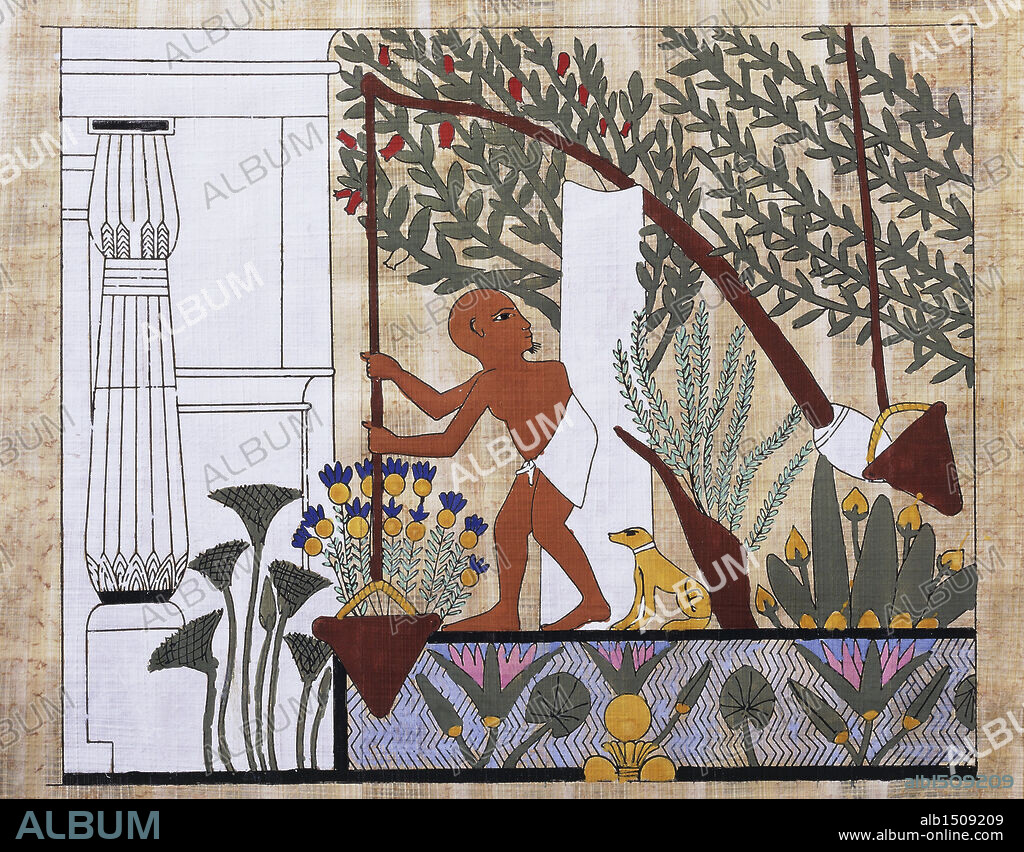 Egyptian civilization. Papyrus. Peasant drawing water with shadoof for irrigation. Reconstruction of a fresco of the tomb of Ipi at Dayr al-Madinah, Dynasty XIX.
