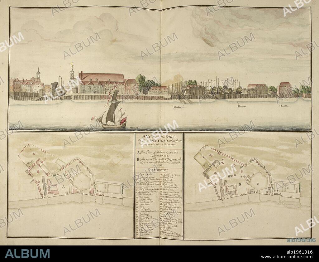 Illustration of Deptford dockyard. East London. buildings. . 'A SURVEY and Description of the principal Harbours... A SURVEY and Description of the principal Harbours with their accomodations and conveniences for erecting, moaring, secureing and refitting the Navy Royall of England ... illustrated by generall plans and proper views or prospects of each place. . . with an account of the emprovements which have been made at each yard since the Revolution 1688', drawn up in 1698. The views are neatly drawn, and many of the plans are on a large scale. Source: Kings 43 66. Language: English.