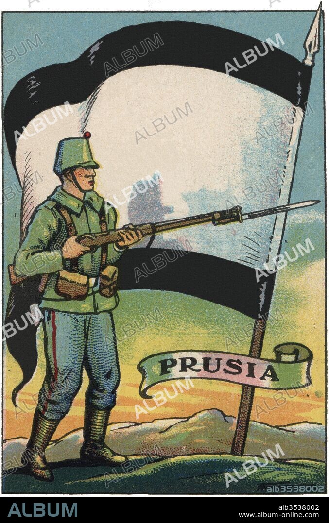 ALBERT MESTRE MORAGAS. Bandera de Prusia y soldado de infantería. Colección de cromos Banderas del Universo. Años 1920.