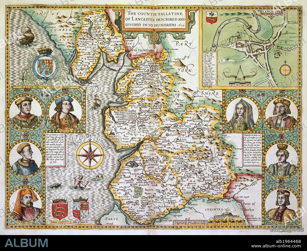 Map of Lancaster and the surrounding area, The Kingdome of England. Described by Christopher Saxton, augmented by John Speed ... Jodocus Hondius Flander caelavit ... 1610. (A Catalogue of all the Shires, Cities, Bishoprickes, Market-Townes, Castles, Parishes, Rivers, Bridges, Chases, Forrests and Parkes ... of England.) The scale of miles, 50[ = 58 mm.]. [Surrounded by male and female figures wearing the costumes appropriate to the different classes of society] Author Christopher Saxton.