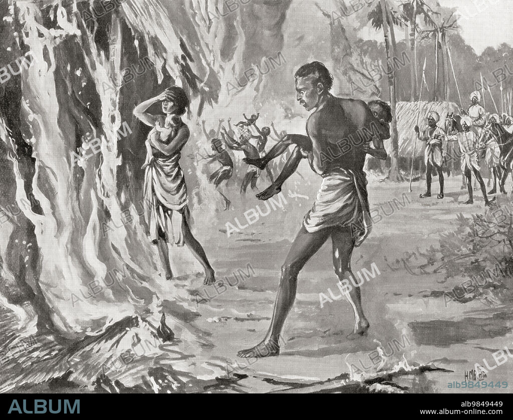 Villagers in India sacrificing themselves on the fire to avoid the cruel raiding Pindaris, 1815. The Pindaris aka Free companions were marauding outlaws, irregular Muslim horsemen and often defeated Mughal soldiers captured by Marathas, that plundered and foraged with the Maratha armies in central India during the 18th century. From Hutchinson's History of the Nations, published 1915.