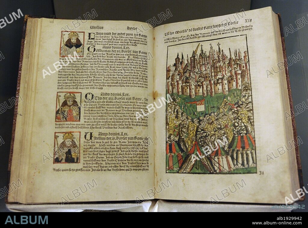 "CRONICA DE COLONIA" (DIE CHRONIK VON KÖLN). Impreso en Colonia, Agosto de 1499 por el impresor y editor de incunables alemán, Johann Koelhoff el Joven (1440-1502). Contiene hermosos grabados coloreados a mano. El significado religioso, social y mercantil de la ciudad de Colonia, lo convierte en uno de los más interesantes de las crónicas alemanas. Museo Histórico Alemán (Deutsches Historiches Museum). Berlín. Alemania. Europa.