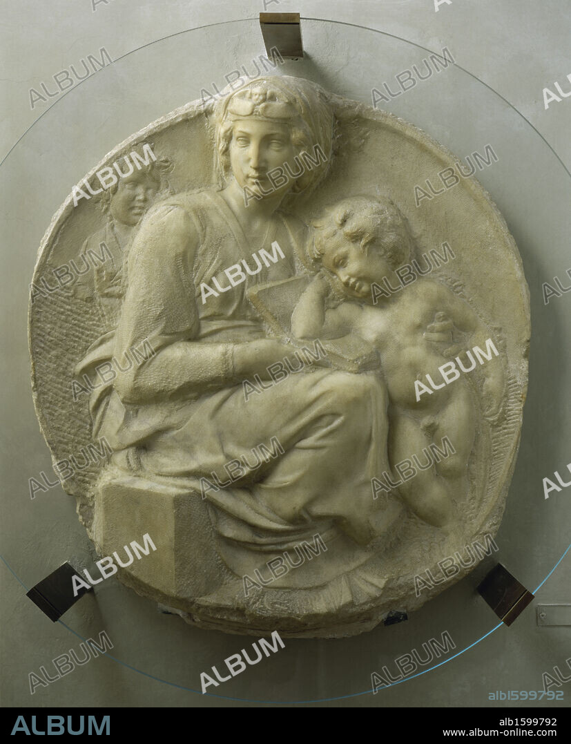MIGUEL ANGEL. Madonna & Child (Tondo Pitti)  1504-05  Michelangelo Buonarroti (1475-1564 Italian)  Marble  Museo Nazionale de Bargello, Florence, Italy.