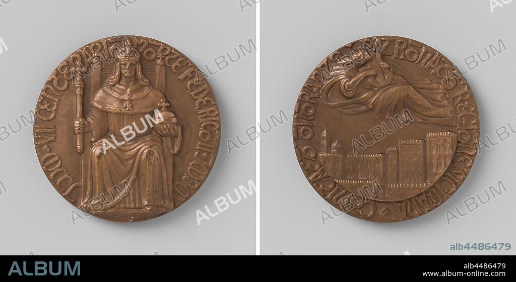 Seventh centenary of the death of Frederick II, German emperor, medal struck by order of the Comitato Onoranze Patronato Regione Siciliana, Bronze medal. Obverse: crowned man with scepter and royal apple in hands, sitting on the throne within the cover. Reverse: view of the palace in Palermo, floating woman above, playing harp in a circle, Palermo, Frederick II (emperor of the Holy Roman Empire), C. Porgi, Italy, 1950, bronze (metal), engraving, d 5.1 cm × w 63.95 gr.