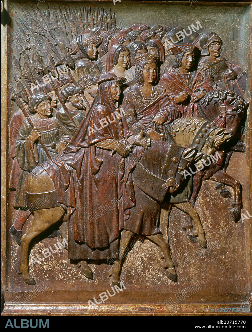 FELIPE BIGARNY. RELIEVE DEL RETABLO MAYOR DE LA CAPILLA REAL DE LA CATEDRAL DE GRANADA - SIGLO XVI - ENTRADA DE LOS REYES CATOLICOS Y DEL CARDENAL CISNEROS EN GRANADA.