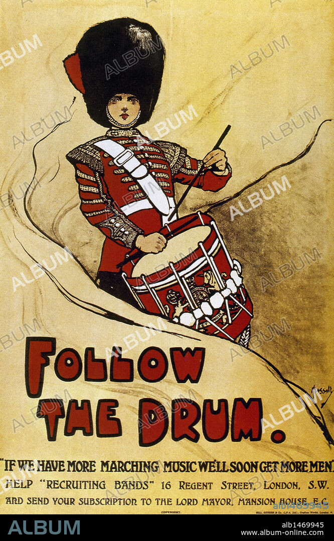 PRIMERA GUERRA MUNDIAL (1914-1918). Cartel "FOLLOW THE DRUM", obra de John HASSAL (1868-1948), editado por el gobierno británico.