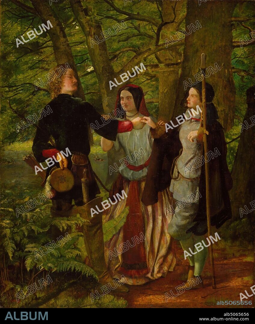 As You Like It, Act IV Scene I, Rosalind Tutoring Orlando in the Ceremony of Marriage or The Mock Marriage of Orlando and Rosalind, 1850 By Walter Howell Deverell and Dante Gabriel Rossetti, Oil Painting, Literature, William Shakespeare, History painting.
