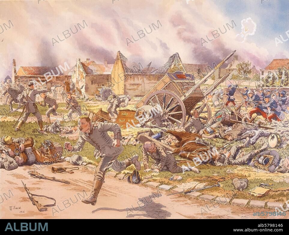 1. Weltkrieg / Westfront:. Marneschlacht, 5.-12. September 1914. - "Bataille de la Marne. Episode de Courtacon" (Angreifende franz. Infanterie in Courtacon zwingt deutsche Truppen zum Rückzug).- / Schulwandbild. Farbdruck nach Zeichnung, 1916, Th. Smid, Hrsg. M. Ernest Lavisse (Librairie A. Colin, Paris). Paris, Slg. J.-P. Verney.