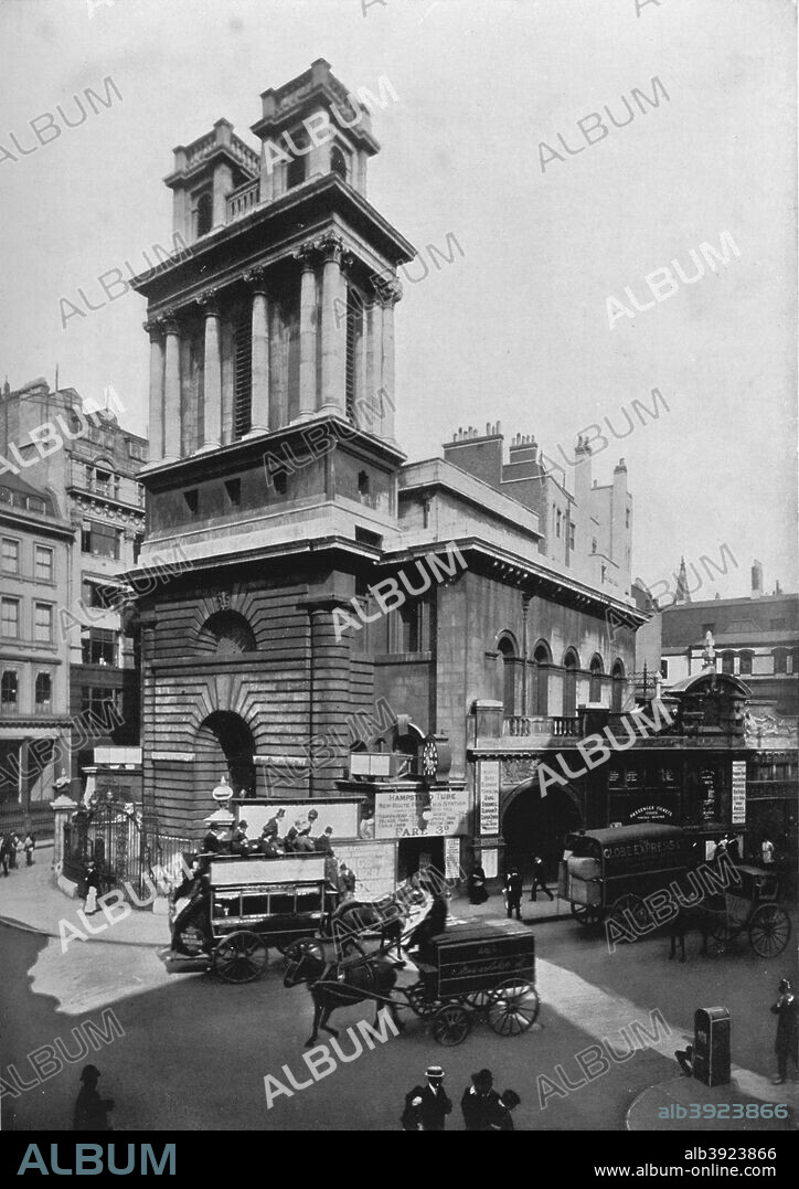 Church of St Mary Woolnoth, City of London, c1910 (1911). St Mary Woolnoth is an Anglican church in the City of London, located on the corner of Lombard Street and King William Street, designed by Nicholas Hawksmoor (1661-1736). Built following the New Churches in London and Westminster Act 1710, the majority of which were designed by Nicholas Hawksmoor (1661-1736), these churches later became known as the Queen Anne Churches. From London - The City, by Sir Walter Besant. [Adam & Charles Black, London, 1911].