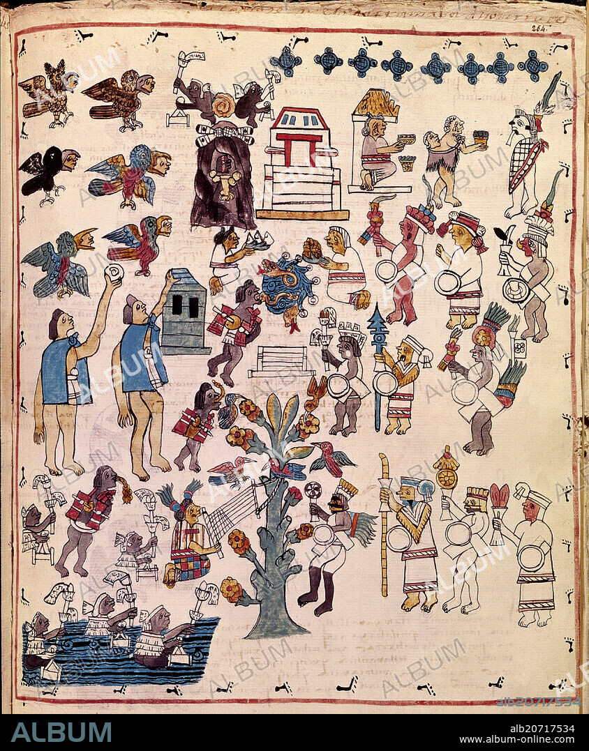 BERNARDINO DE SAHAGÚN. FIESTA RELIGIOSA DE LOS AZTECAS REPRESENTADA EN EL CODICE DE LA HISTORIA GENERAL DE LAS COSAS DE LA NUEVA ESPAÑA - SIGLO XVI.