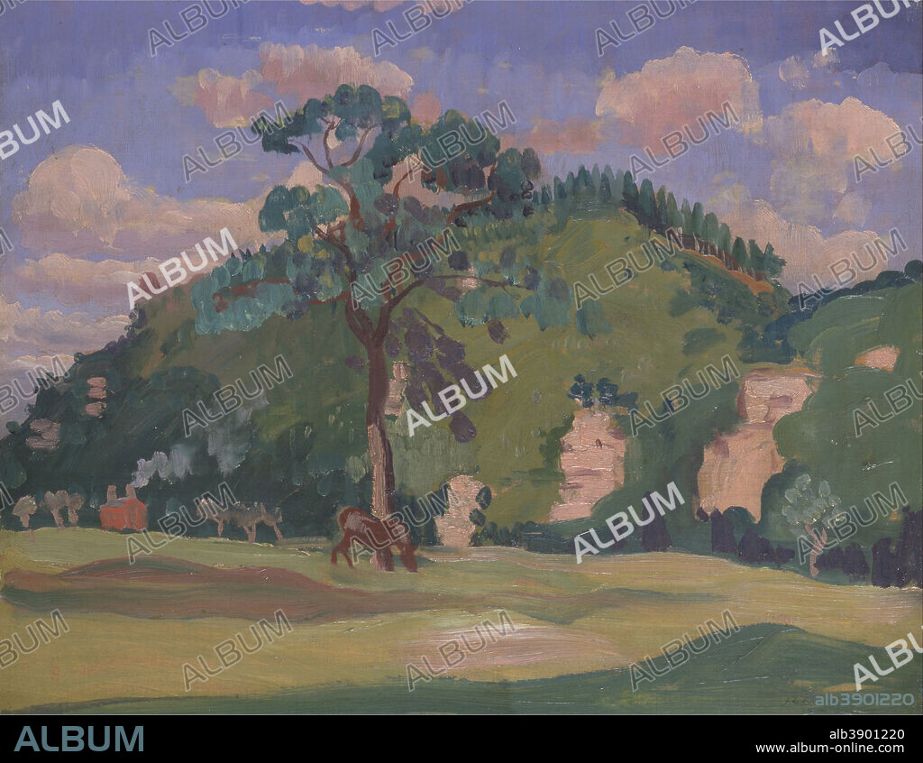 JAMES DICKSON INNES. Landscape with a Grazing Horse. Date/Period: Ca. 1912. Painting. Oil on panel. Height: 322 mm (12.67 in); Width: 406 mm (15.98 in).