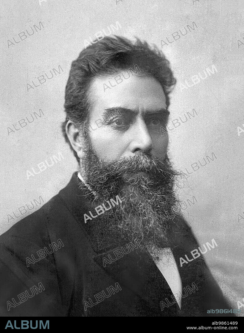 Wilhelm Conrad Röntgen, portrait ca. 1900, historical, history of science, Nobel Prize for Physics 1901, scientists who worked in Würzburg, information board, Würzburg, Lower Franconia, Bavaria, Germany, Europe.
