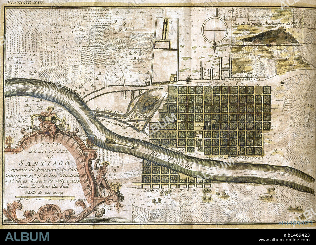 SANTIAGO DE CHILE. Fundada por Pedro de Valdivia el 12 de febrero de 1541. Plano de la ciudad en 1713 con el monte de Santa Lucía, al fondo. Según un grabado del 1717.