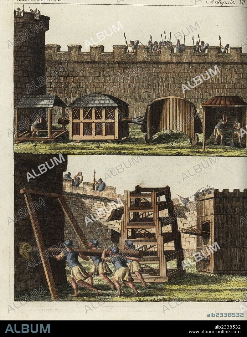 Roman siege engines: shelter for sappers digging a tunnel, Vineae 1, semi-circular shelter Pluteus 2, shelter Testudo with battering ram Aries 3, shelter on rolling cylinders Musculus 4, siege tower or the Taker of Cities, Helepolis 5, five-storey tower Sambucae 6, and battering ram on chains Aries 7. Handcoloured copperplate engraving from Friedrich Johann Bertuch's Bilderbuch fur Kinder (Picture Book for Children), Weimar, 1795.