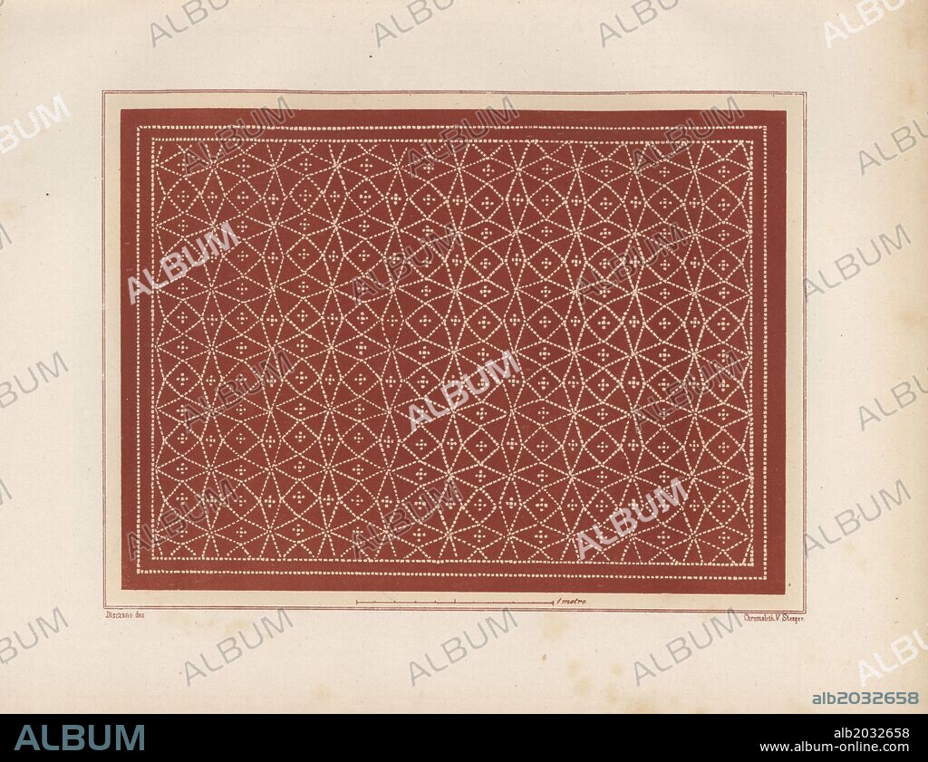 Floor mosaic from a room in the viridarium (garden) in the House of Vesonius Primus, a fuller. Illustration drawn by Discanno and lithographed by Victor Steeger from Emil Presuhn's "Pompeji. Die Neuesten Ausgrabungen von 1874-1881," Weigel, Leipzig, 1882. German archeologist Presuhn (1844-1881) lived in Italy for eight years and, with Mr. Discanno and Miss Amy Butts, made exact copies of many wall paintings that are now lost.