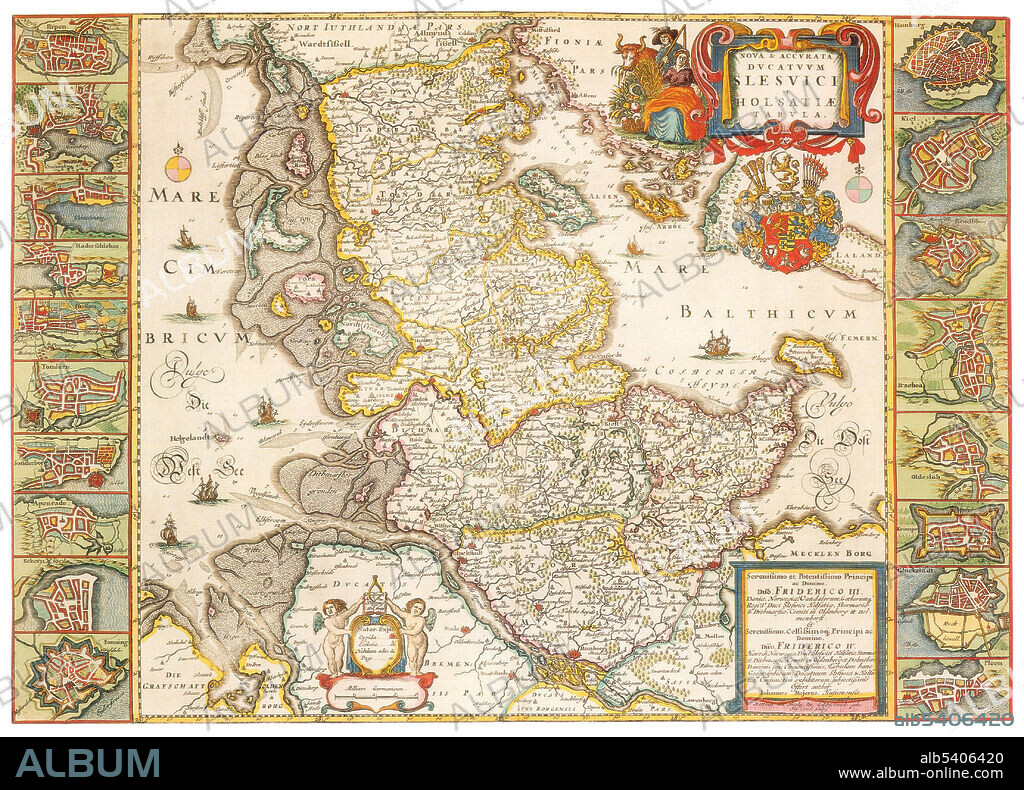 The Duchy of Schleswig was a duchy in Southern Jutland covering the area between about 37 miles north and 43 miles south of the current border between Germany and Denmark. The territory has been divided between the two countries since 1920, with Northern Schleswig in Denmark and Southern Schleswig in Germany. The region is also called Sleswick in English. Joan Blaeu (1596-1673) was a Dutch cartographer, the son of cartographer Willem Blaeu. In 1635 they published the Atlas Novus (full title: Theatrum orbis terrarum, sive, Atlas novus) in two volumes. The Atlas Maior is the final version of Joan Blaeu's atlas, published in Amsterdam between 1662 and 1672, in Latin, French, Dutch, German and Spanish, containing 594 maps and around 3,000 pages of text. The Blaeu maps emphasized fine art and colours, being the most expensive of the time. The Atlas Maior is widely considered a masterpiece of the Golden Age of Dutch/Netherlandish cartography.