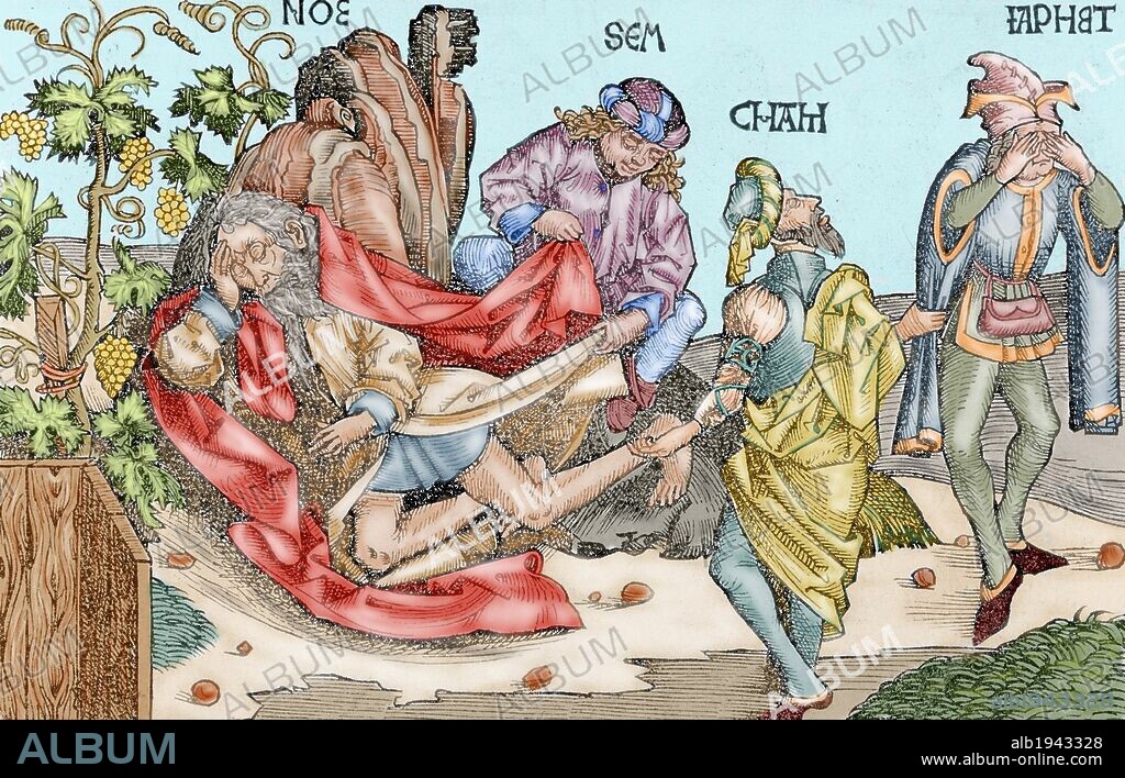 "LA EMBRIAGUEZ DE NOE". Jafet, Cam y Sem encuentran a su padre Noé bebido y desnudo y cubren su desnudez con un manto. Grabado del siglo XVI. Coloreado.