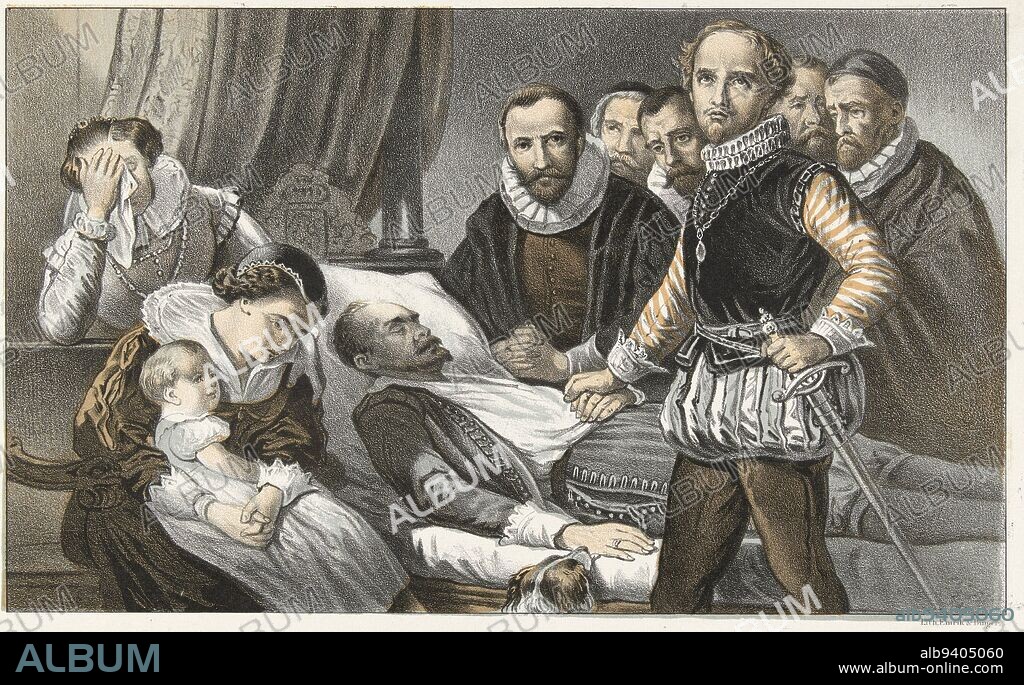 Prince Maurice standing by the body of his father William of Orange on his deathbed, 10 July 1584. On the left Louise de Coligny with on her lap the baby Frederick Henry, Prince Maurice by the corpse of Prince William the Silent, 1584 The hope of the fatherland, print maker: anonymous, after: Jan Adam Kruseman, printer: Emrik & Binger, (mentioned on object), Netherlands, 1856 - 1899, paper, h 152 mm × w 230 mm.